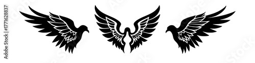 three stylized birds in flight, black and white vector illustration