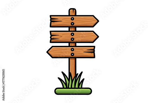 Cartoon wooden directional signpost with three arrows, isolated vector clipart for navigation and decisions