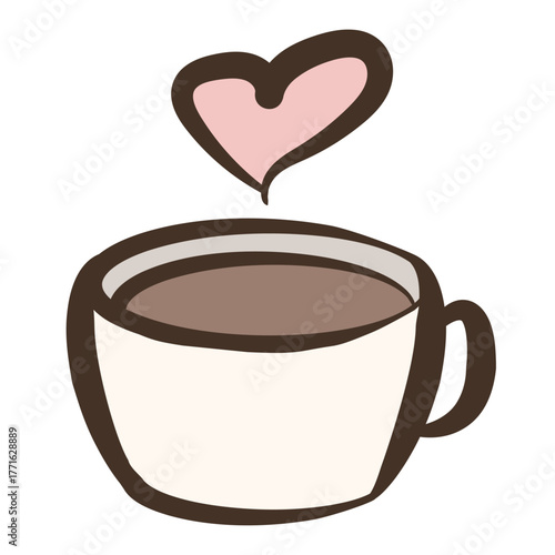 カラー付きコーヒーブレイク線画イラスト – ハート湯気, Hand-Drawn Coffee Break with Color – Heart Steam, コーヒーブレイクのひととき（カラー・線画・手描き風）
