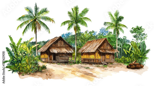 Cacao Hmong Village. Cacao Hmong Village hand drawn watercolor illustration