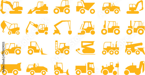Construction Vehicle Silhouette Icon Set – Bulldozer, Loader, Grader, Paver, Roller, Lowboy Hauler, Utility Truck, Concrete Mixer, Vector Icons