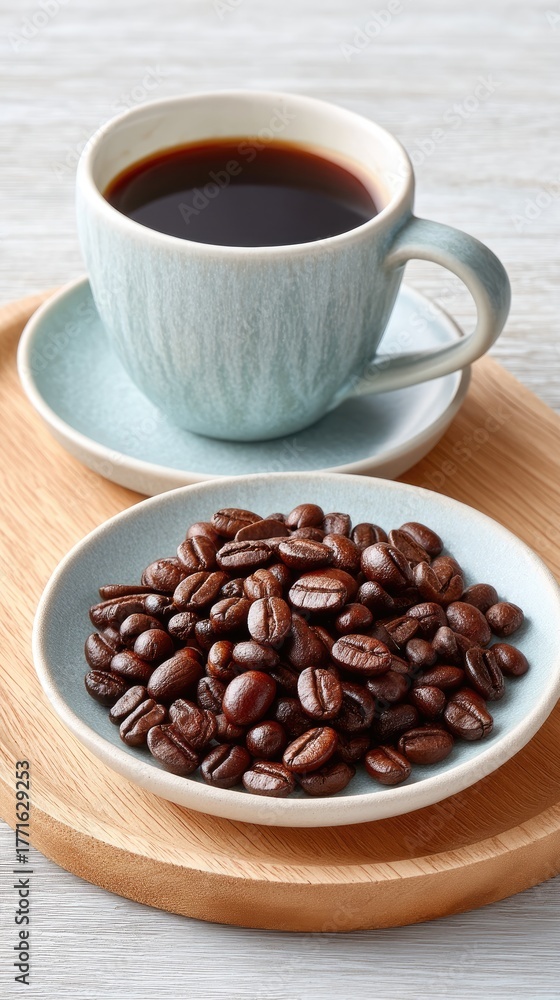 Fototapeta premium A Beautifully Styled Flat Lay of Rich Roasted Coffee Beans in a Blue Dish Next to a Cup of Dark Hot Coffee on a Wooden Tray with a Light Textured Background
