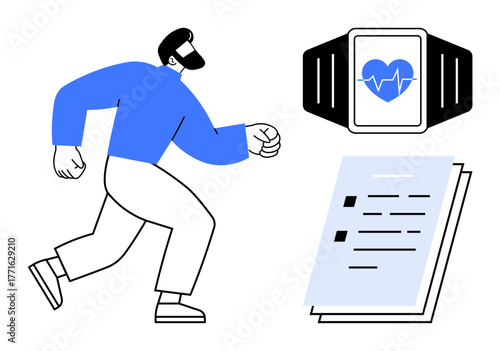 Person running while wearing smartwatch displaying heart rate icon and checklist, promoting fitness, health tracking, goal setting, active lifestyle, productivity, self-improvement, simple flat