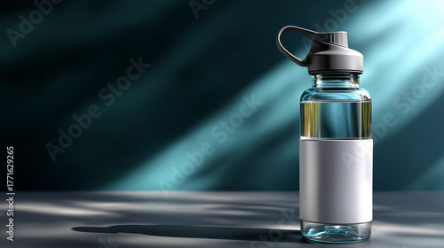 Minimalist product photo of open training bottle with silicone spout, fresh water inside, balanced lighting highlighting sleek material texture, with copy space.