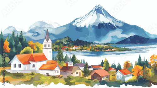 Puerto Varas. Puerto Varas hand drawn watercolor illustration
