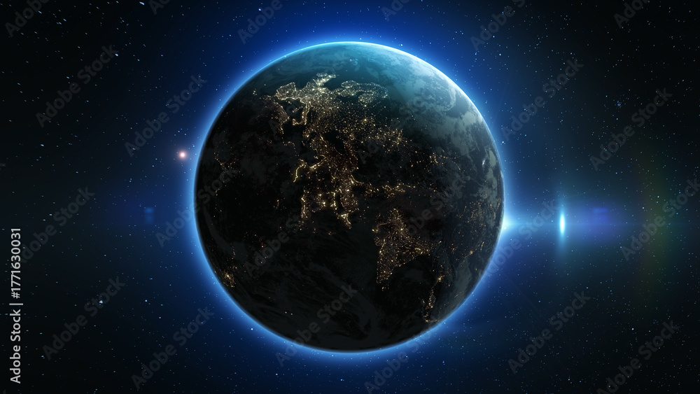 Obraz premium Night planet earth with glowing cities, view from space on the background of stars. Beautiful sunset, setting sun over the spinning globe.