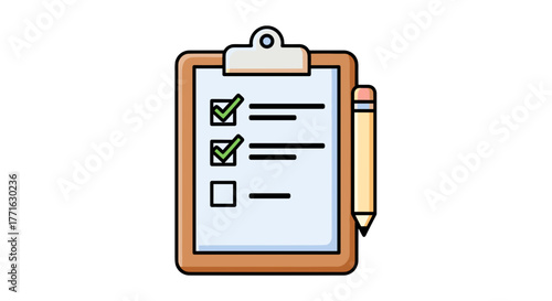 A clipboard with a check list, two boxes are checked and one remains empty, and the pencil next to the clipboard. 