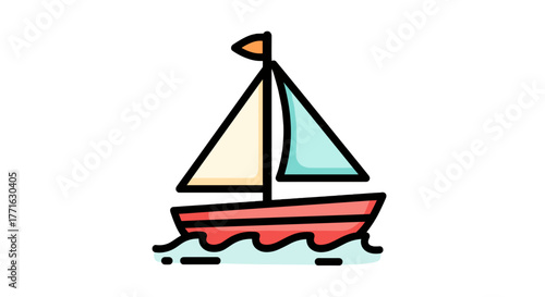 A red sailboat with two white sails is sailing on gentle light blue water waves against a transparent background.
