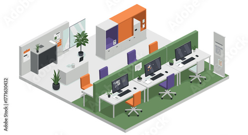 Modern office workspace with desks and computers in isometric design