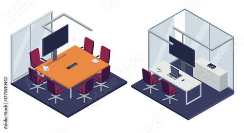 Modern office meeting and workspace with glass partitions and red chairs