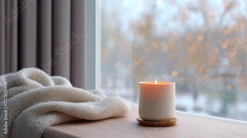 Wallpaper Mural Cozy candle on wooden table near window with soft blanket and blurred autumn lights illuminating peaceful indoor atmosphere in warm tones Torontodigital.ca