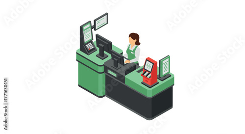 Isometric checkout counter with cashier and self-service kiosk