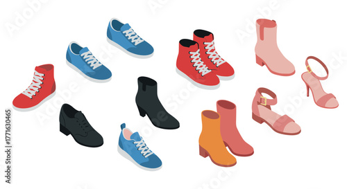 Isometric assortment of stylish footwear for men and women