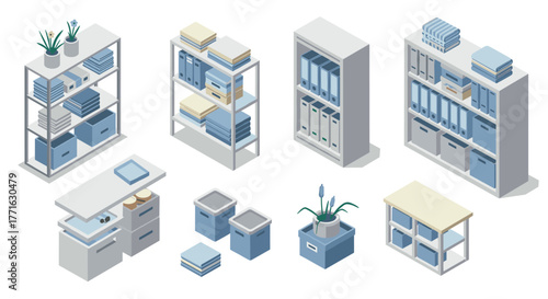 Modern isometric office furniture and shelves in minimalist style