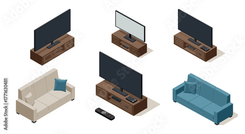 Modern isometric living room furniture set with tvs and sofas