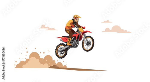 Dynamic motocross jump with dust trails and clear sky