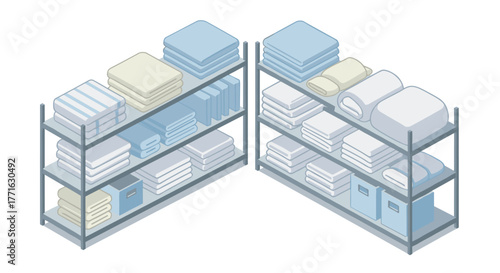Organized linen storage in isometric view with shelves and folded towels
