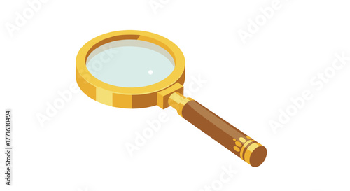 Isometric magnifying glass with wooden handle on white background