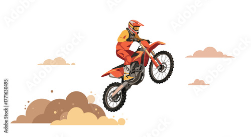 Dynamic motocross jump with rider in desert landscape