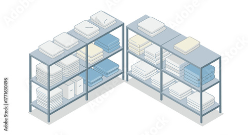 Isometric laundry room shelves with neatly stacked towels and linens
