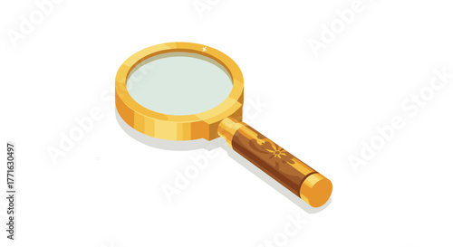 Golden magnifying glass with ornate wooden handle isolated on white background