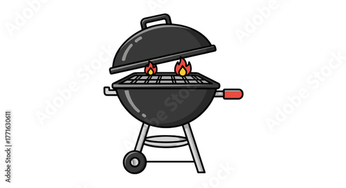 Illustration of a charcoal barbecue grill with flames. Ideal for cookouts and summer parties. Cartoon style image.