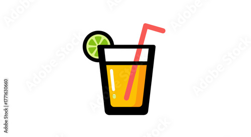 A vibrant illustration of an orange drink, garnished with a lime and a straw, offering a refreshing visual treat.