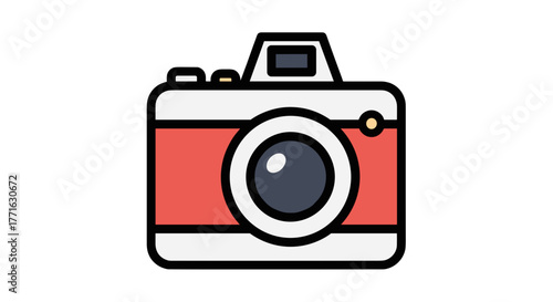 A simplistic red and white camera illustration, isolated on a transparent background, exuding a vintage, artistic vibe.