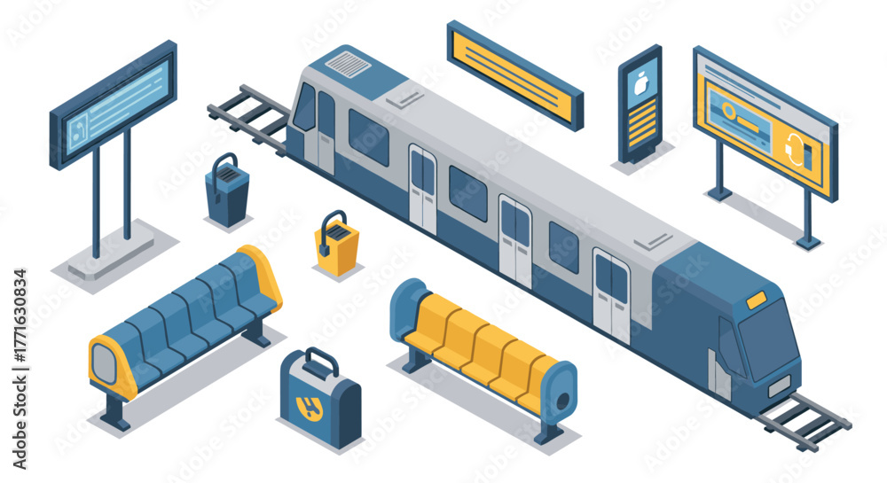 Obraz premium Isometric public transport design with train and urban elements