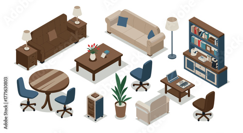 Isometric living room furniture set with sofas and office desks
