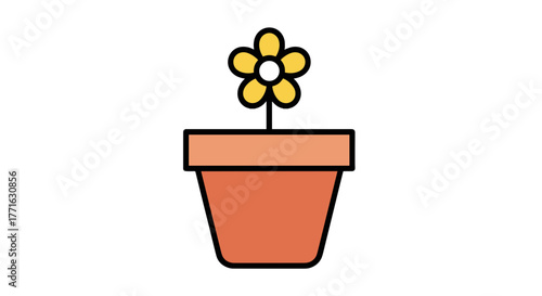 Illustration of a single yellow flower with rounded petals growing in a terra cotta colored pot on a transparent background.