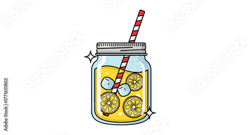 Refreshing lemonade illustration in a mason jar with lemon slices and a striped straw, perfect for a summer day.