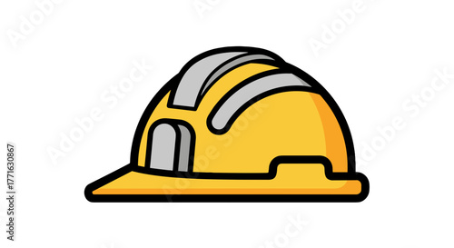 A yellow hard hat with gray accents offers head protection in construction and industrial environments. Safety first!