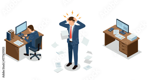 Isometric office stress concept: frustrated employee surrounded by papers