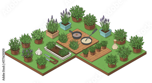 Isometric herb garden with cooking utensils on wooden deck