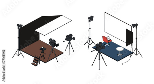 Isometric film and photography studio set with cameras and lighting equipment