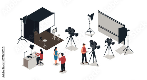 Isometric film studio set with equipment and crew in action