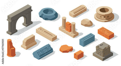 Isometric ancient ruins: diverse architectural styles and structures