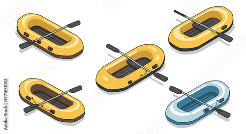 Colorful inflatable boats with oars in isometric style