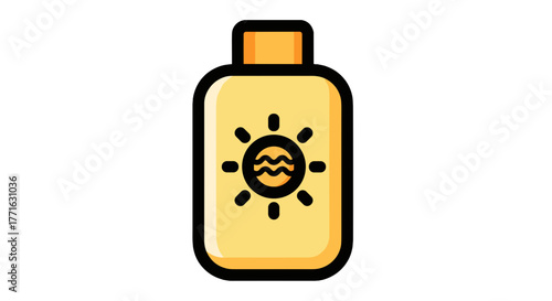 A bottle of sunscreen featuring a sun icon with wavy lines, suggesting protection during outdoor activities.