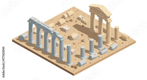 Ancient ruins isometric view with classical columns and temple fragments