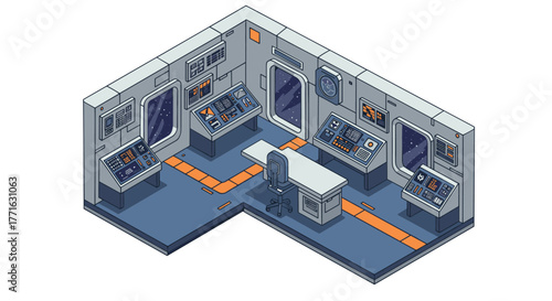 Isometric space station control room with futuristic consoles and monitors