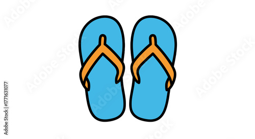 Cartoon image of light blue beach sandal flip flops with orange toe straps, isolated against a transparent background.