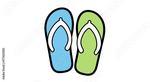 Two flip-flops, one light blue and the other light green, rest against a transparent background, ready for summer fun.