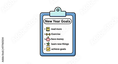 A checklist with new year goals set to read, exercise, save money, learn, and achieve set on a blue clipboard.