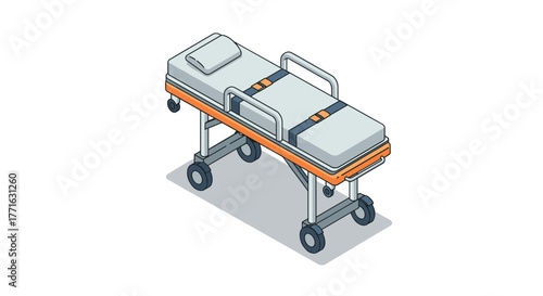 Isometric hospital stretcher with wheels and safety straps in detailed design