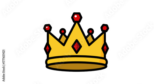A cartoon style royal crown in gold with red jewels is isolated on a transparent background, signifying power and elegance.