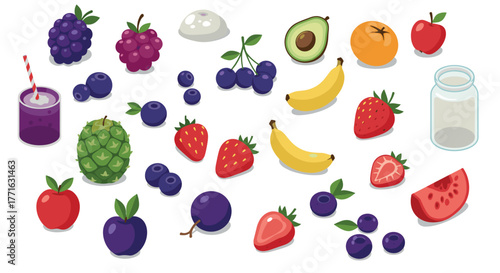 Colorful array of fresh fruits and berries with drink