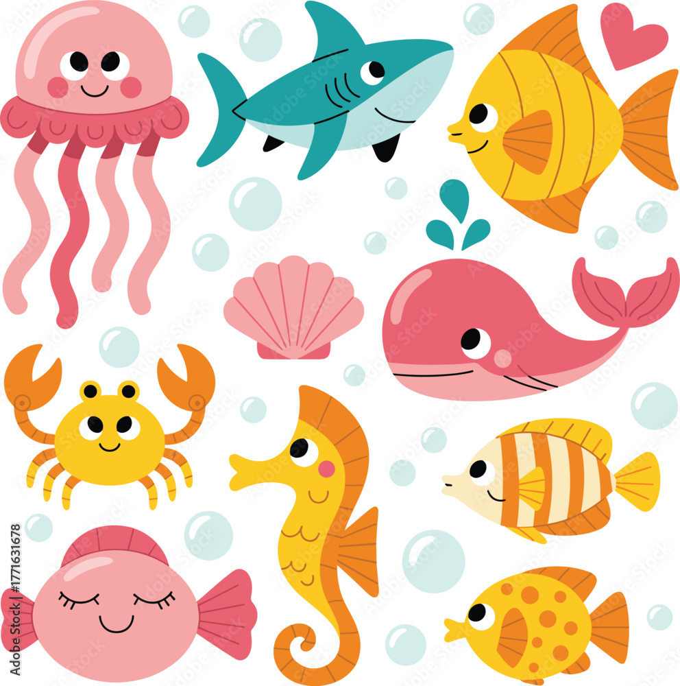 Naklejka premium Cartoon underwater sea creatures, colorful ocean animals, jellyfish, shark, whale, seahorse, crab, fish, bubbles, seashell, marine life vector, kids illustration pack