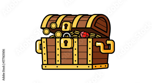 A cartoon style treasure chest filled with gold coins, silver coins, a red gem and some locks in it. Concept of wealth.